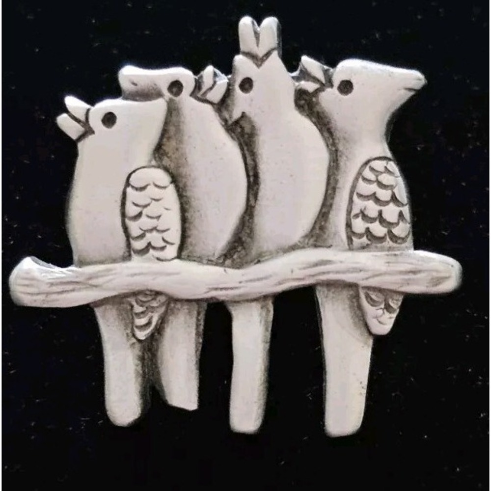 Pewter "4 Birds on Branch" Brooch Pin Silver Signed Mark Shields
